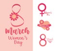 womens day icon collection 8 march text flowers celebration Royalty Free Stock Photo