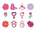 womens day international movement eight march flowers icons set vector Royalty Free Stock Photo