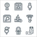 Womens day line icons. linear set. quality vector line set such as gift, woman, bouquet, building, calendar