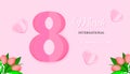 Womens day 8 march holiday card with tulips and paper number eight with paper hearts in cut paper style on pink