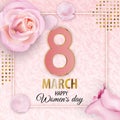 Womens day 8 March. Pink vector marble background with pink roses and petals for wedding, cosmetic, parfume shops.