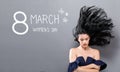 Womens Day message with woman with floating hair Royalty Free Stock Photo