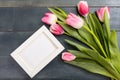 Womens day. Pink tulips and a white blank frame on blue background, copy space, top view Royalty Free Stock Photo
