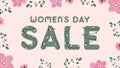 Womens day sale banners. Inscription with bulbs. Pink background with flowers, roses and leaves. Vector.