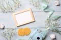 Womens desk with photo camera, picture frame, cookies. Spring minimal flowers frame, pastel colors, flat lay style, top view. Beau