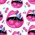 Womens enjoying fresh cherries. Open mouth, pink lips, eating berry. flat vector illustration