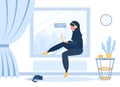 Womens freelance. Arabian girl in hijab and headphones with laptop sitting on the windowsill. Concept illustration for