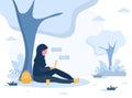 Womens freelance. Arabian girl in hijab with laptop sitting in park under tree. Concept illustration for working