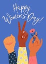 Womens hand with her fist raised up. Girl Power. Feminism concept.