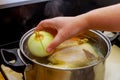 Womens hand put onion in broth. Chicken soup in the pot Royalty Free Stock Photo