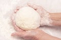 Womens hands, flour and dough. A woman is preparing a dough for home baking. Holds the dough in his hands. concept of home cooking