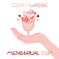 Womens hands holding menstrual cup with leaves and flower. Vector cartoon illustration on white background.