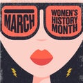 Womens History Month poster with pretty woman. Women s day. Banner with rock style women. 8 march greeting card