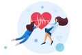 Womens holding a beating heart personifying the care of about the health of the patient. Flat 2D character. Concept for web design