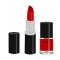 Womens lipstick product and red nail polish in glass bottle with black cup