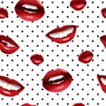 Womens painted lips seamless pattern. Red kiss with dazzling white teeth female romantic makeup. Royalty Free Stock Photo