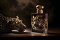 Womens Perfume in a glass bottle on a dark background in leopard wild design. Neural network AI generated
