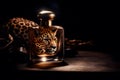 Womens Perfume in a glass bottle on a dark background in leopard wild design. Neural network AI generated