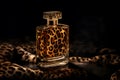 Womens Perfume in a glass bottle on a dark background in leopard wild design. Neural network AI generated
