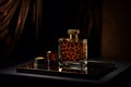 Womens Perfume in a glass bottle on a dark background in leopard wild design. Neural network AI generated