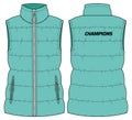 Womens Quilted Puffer gilet jacket design flat sketch Illustration, Sleeveless Down puffa Padded jacket with front and back view,