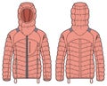 Womens Quilted Puffer Hoodie jacket design flat sketch Illustration, Down puffa Padded Hooded jacket with front and back view,