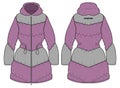 Womens Quilted Puffer Hoodie jacket dress design flat sketch Illustration, puffa Padded Hooded jacket with front and back view, Royalty Free Stock Photo