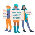 Womens rights protest concept. Girls with placards against abortion ban. Keep hands off my body, protect Roe, my body rights Royalty Free Stock Photo