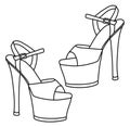 Womens seductive high-heeled and platform shoes. For strip dances. Black outline drawing on a white background. Vector