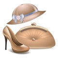 Womens shoes and hat vintage handbag purse accessories vector white background