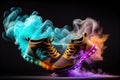 womens shoes with magical colourful smoke and floating light particles