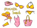 Womens summer beach essentials in cartoon style