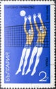 Womens volleyball in blue stamp