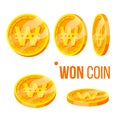 Won Coin Gambling Golden Money Currency Set Vector