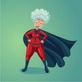 Wonder old lady. Senior adult woman in super hero suit. Healthy lifestyle humor cartoon illustration.