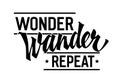 Wonder, Wander, Repeat, lettering design with retro-inspired modern calligraphy. Motivational motto quote for outdoor experience.