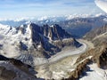 Mer de Glace, Mont Blanc Mountain. Aerial View from glider. Italian Alps