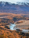 Wonderful alpine landscape with mountain river Argut in valley with forest in autumn colors on background of foggy mountains