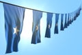 Wonderful any celebration flag 3d illustration - many Somalia flags or banners hangs diagonal on string on blue sky background