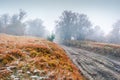 Wonderful autumn landscape with old country road. Calm outdoor scene of mountain valley. Royalty Free Stock Photo