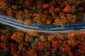 Wonderful autumn landscape. Paved road through the forest drone view. Royalty Free Stock Photo