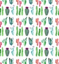 Wonderful beautiful bright mexican tropical hawaii floral herbal summer green pattern colorful cactus with flowers vertical patter Royalty Free Stock Photo