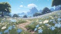 wonderful blooming scenery in the alps in anime style, shining flowers with a small path Royalty Free Stock Photo