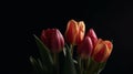 Wonderful bouquet of tulips for mother\'s day. Flowers on black background. Mother\'s day celebration. Generative AI.