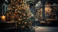 Wonderful Christmas tree decorated with golden ornaments and baubles. Magical lights decoration