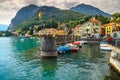 Wonderful cityscape and harbor with colorful boats, Menaggio, Lake Como Royalty Free Stock Photo