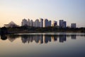 Wonderful cityscape on sunset, beautiful colored building over the Unesa lake, Surabaya, Indonesia