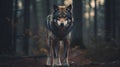 wonderful colored body picture of a wet wolf in front of a dark forest