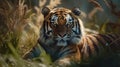 wonderful colored image of a tiger sitting in the jungle at noon
