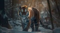 wonderful colored image of a tiger standing in a snowy forest